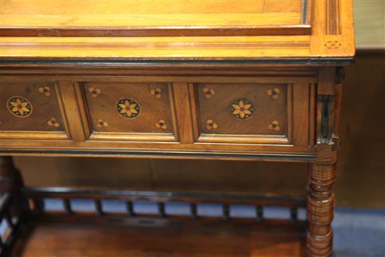 A Victorian Gillow walnut and marquetry work table, c.1865-70, the design attributed to Charles Bevan, W.2ft 4in.